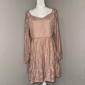 LC Lauren Conrad Mini Dress Womens Large Pink Lace Overlay Smocked Tiered hem